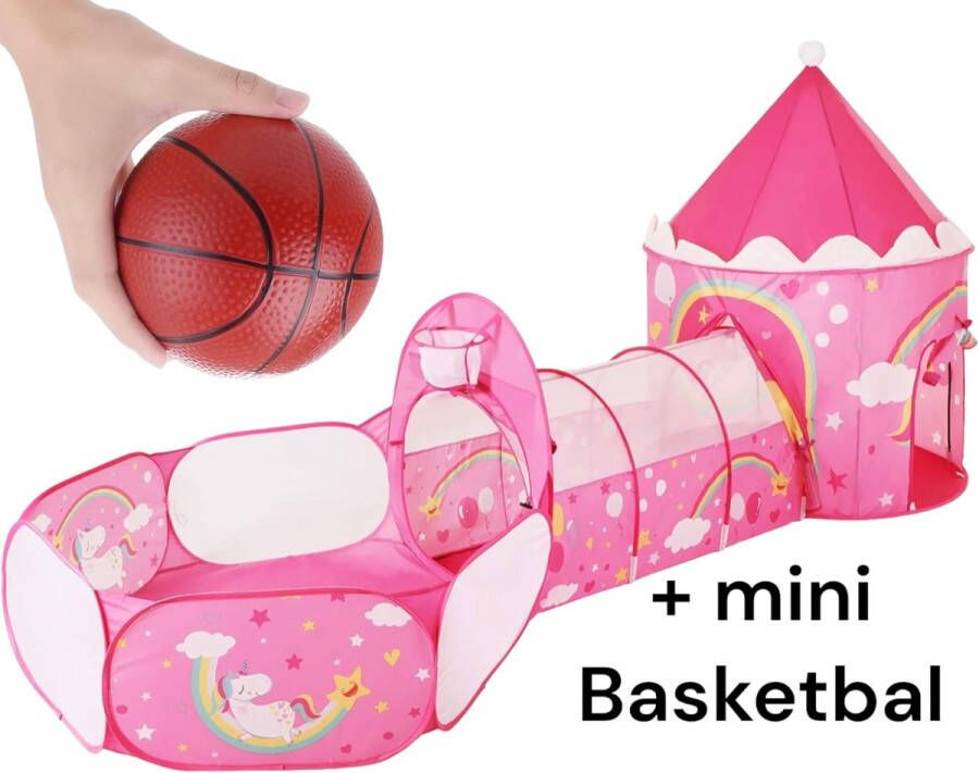3-in-1 speeltent pop-up met tunnel ballenbad basketbalkorf voor kinderen voor binnen en buiten met eenhoorn prinsessenmotief cadeau-idee