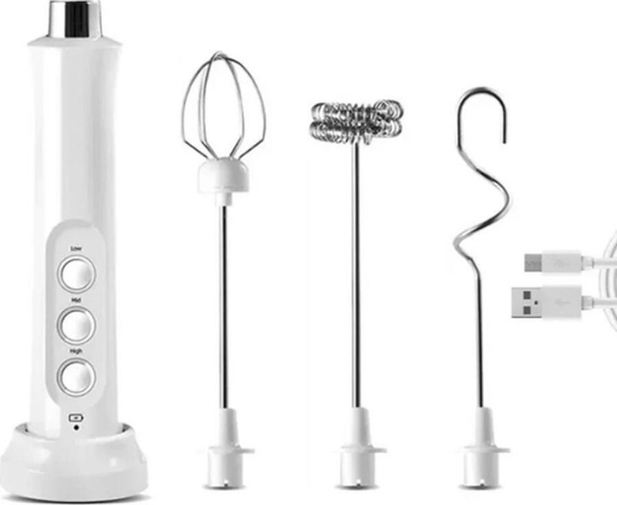 3 in 1 staafmixer Draadloos USB 3 Opzetstukken 2.5V 3 Snelheden Wit Melksopschuimer Mixer