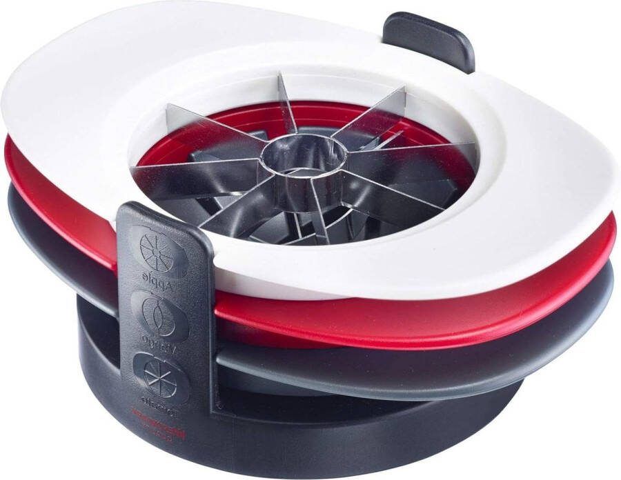 3-in-1 stapelbare appel-tomaten-mangosnijder met houder roestvrij staal Tutti Frutti rood antraciet wit Appelsnijder