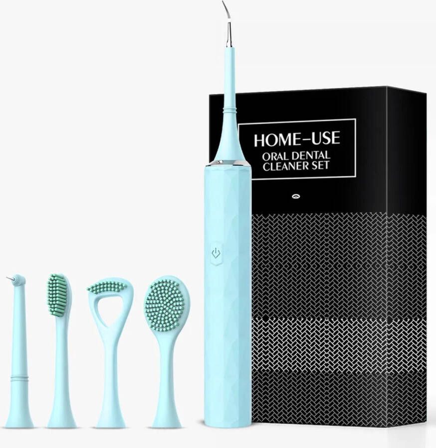 4 in 1 Tandsteen verwijderaar elektrische tandenborstel tong borstel gezichtsborstel 5 opzetstukken tandplak tandpolijster blauw