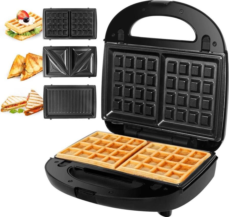 3-in-1 Wafelijzer Sandwichtoaster Grill Afneembare Platen Anti-aanbaklaag 750 W Indicatielampje Zwart