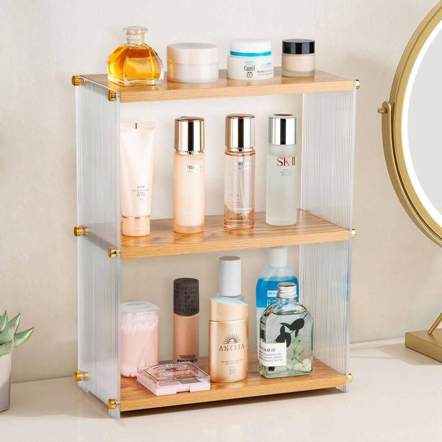 3-laags badkamer aanrechtorganizer gemaakt van acryl en hout make-up organizer voor badkamer decoratieve cosmetische organisator kruidenrek opbergrek voor woonkamer keuken slaapkamer