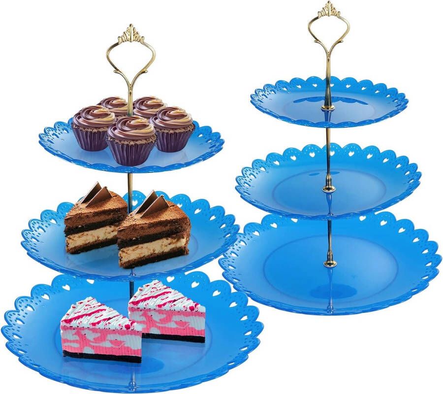 3-laags Cupcake Stand Dessertbakje Fruitkoekjes Snoep Display Stand Gelaagde Dienblad voor Kerst Bruiloften Verjaardagen Babyfeest (Plastic Blauw)