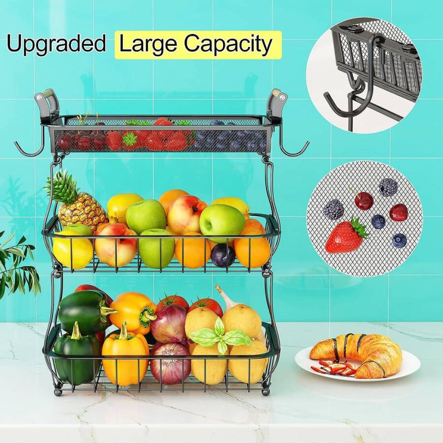 3-laags fruitschaal met 2 bananenhanger keukenrek voor aanrecht groententeller grote metalen kommen perfect voor het bewaren van fruit groenten snacks cupcakes zwart