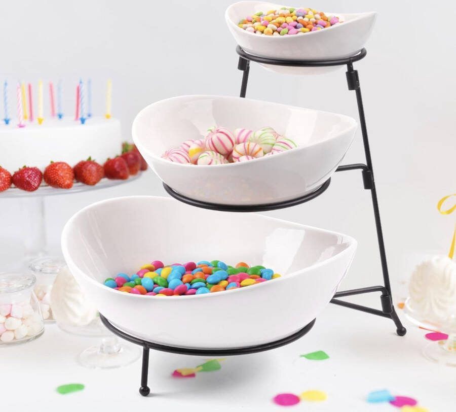 3-Laags Keramische Serveerkommen met Rek Nest Witte Serveer Schalen voor Entertainment met Inklapbare Metalen Standaard Plateaus voor Chips Dessert Vaatwasser & Magnetron Bestendig