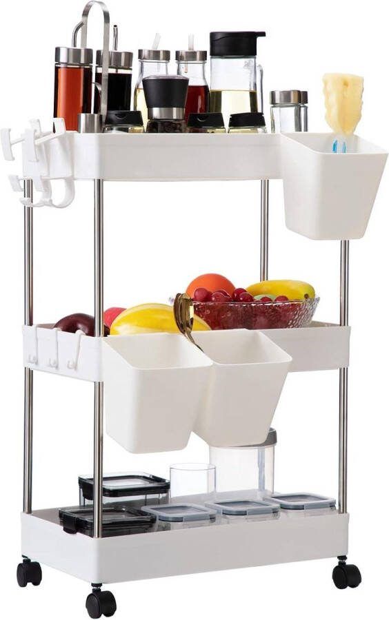 3-laags opbergkar met wielen rollende opbergkar met hangende bekers Multifunctioneel opbergrek voor keuken badkamer slaapkamer wit opslagwagen