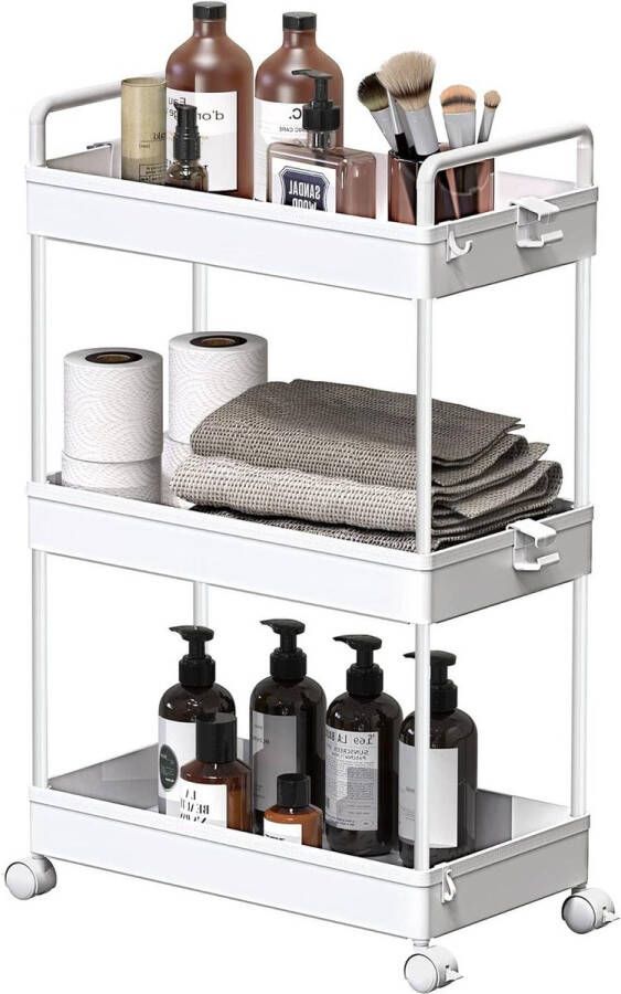 3-laags opbergtrolley kar uitschuifbaar rollende boodschappenkar met slim ontwerp wit Sink organizer