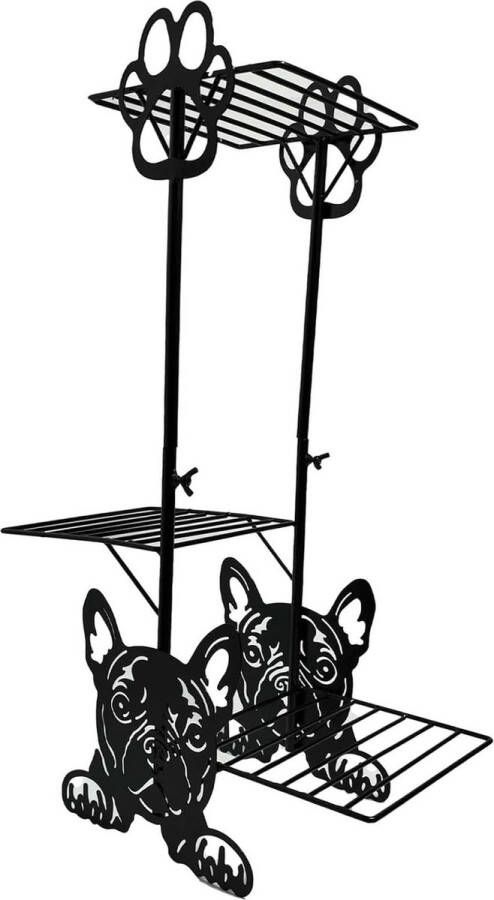 3-laags plantenrek bloemenrek voor buiten bloementrap zwart metalen rek 40 x 18 x 60 cm versierd met kattenklauwen en Franse bulldogs tuin woonkamer en kantoordecoratie
