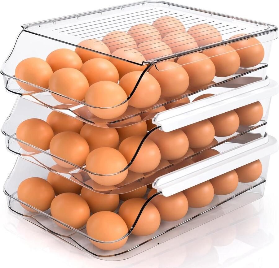 3-laags rollende eierhouder grote capaciteit eieropslagcontainer automatisch rollend eierrek doorzichtige plastic eierladedozen met deksel en handvat keuken koelkast en aanrecht