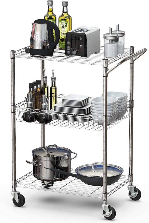 3 laags serveerwagen draad rollende kar zware keukentrolley keukenwagen met in hoogte verstelbare rekken duw handvat draad mand rekken trolley voor keuken badkamer magazijn wasserij