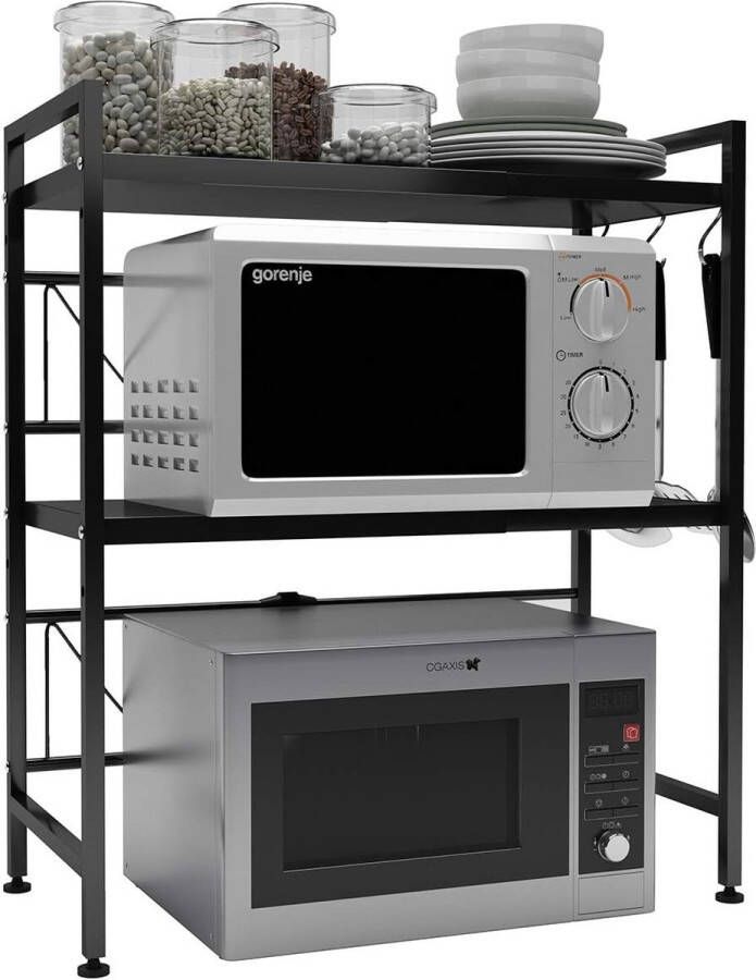 3-laags uitschuifbare magnetronplank met 3 ophanghaken magnetronstandaard met opbergruimte voor keukenaanrechtorganisator (zwart)