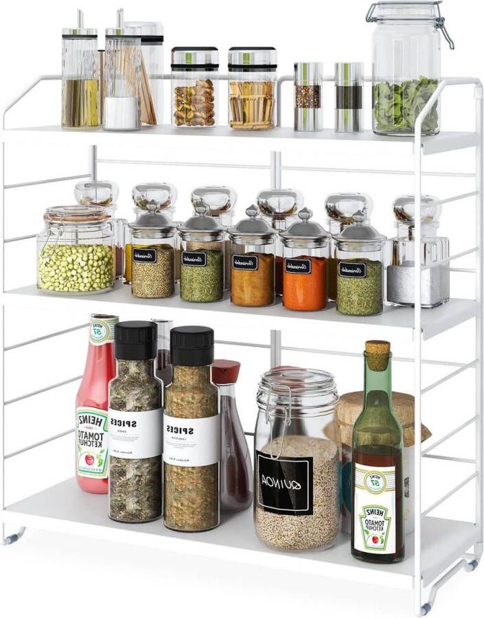 3-laags verstelbaar kruidenrek organizer voor keuken en badkamer opbergplank voor kruidenflessen en cosmetica wit