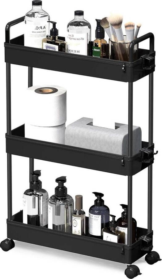 3-laagse opbergtrolley kar. Uitschuifbare slanke rollende boodschappenkar. Mobiele opslag rekken organizer voor keuken badkamer wasruimte slaapkamer en smalle plaatsen zwart Sink organizer