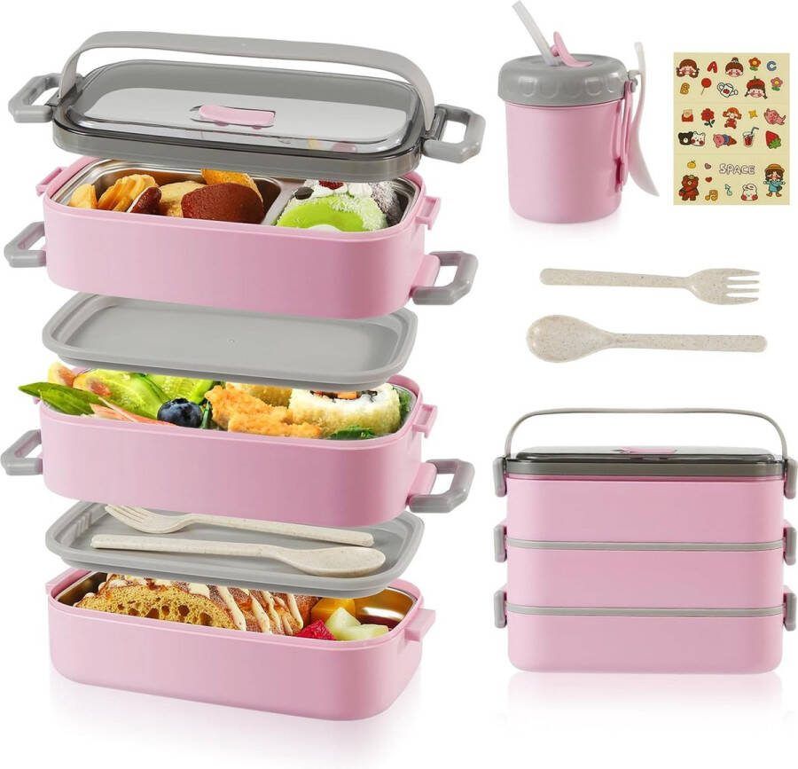 3 lagen lunchbox 3-laags 2400 ml roestvrijstalen binnenlunchbox met roestvrijstalen binnenbekers 450 ml lekvrije lunchbox voor volwassenen kinderen voor werk kantoor school (roze)