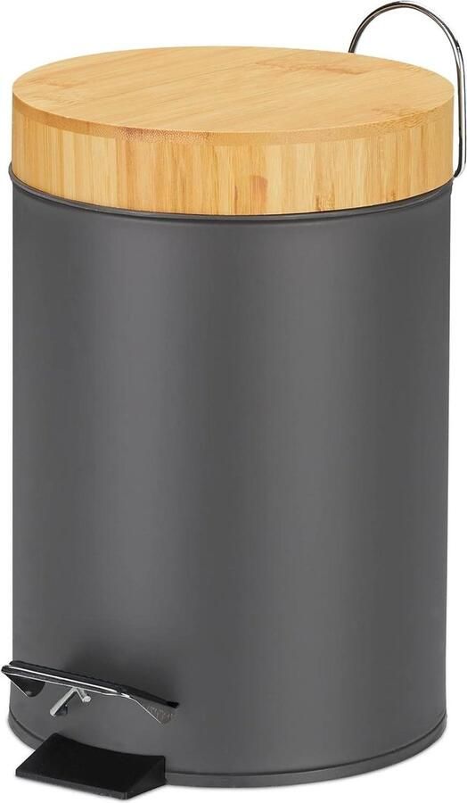 3 liter badkamer afvalbak met softclose bamboe deksel en uitneembare binnenemmer grijs