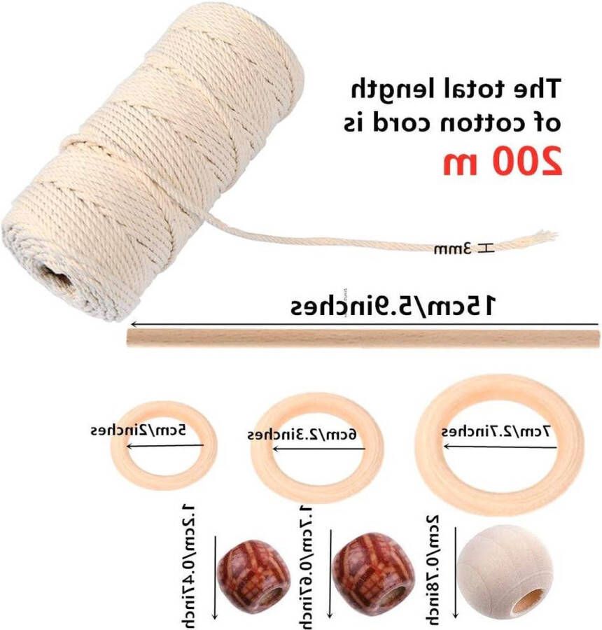 3 mm 200 m Plantenhanger en Dromenvanger Macramé Koord Starterkit met Houten Ringen en Kralen