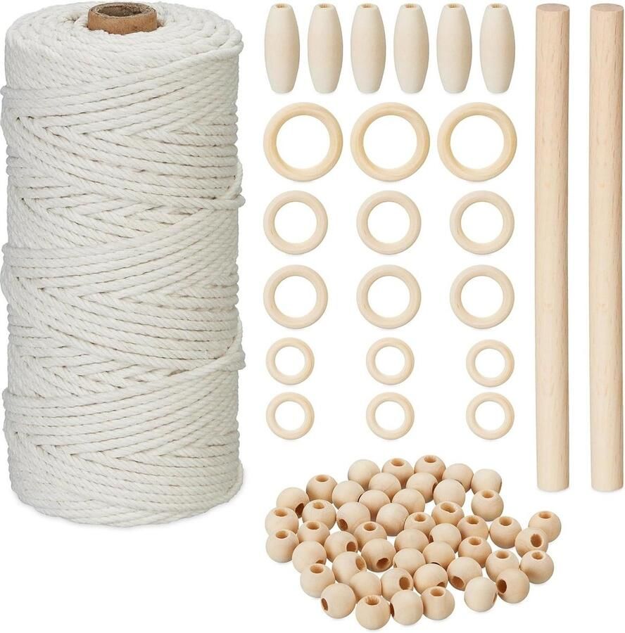 3 mm macramé set 73-delig diy pakket met houten kralen ringen en 2 stokken 109 m touw wit natuur