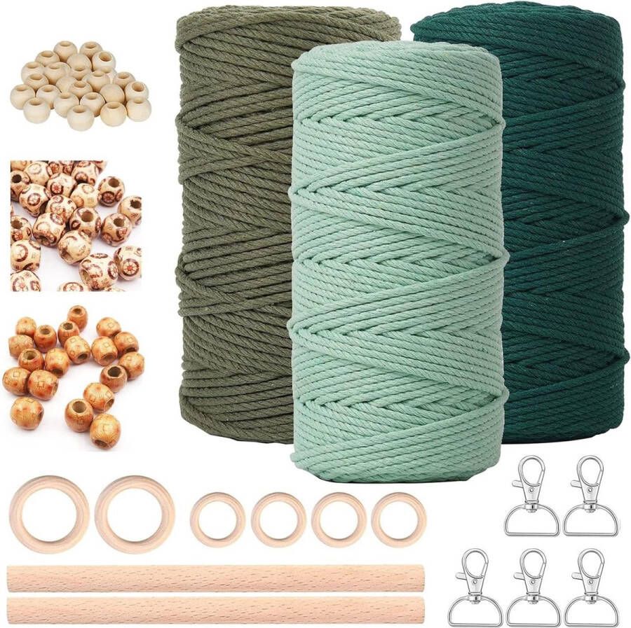 3 mm x 60 m Macramékoord set handwerk kit voor wandbehang dromenvanger bloemenhanger inclusief 5 sleutelhangers 60 houten kralen