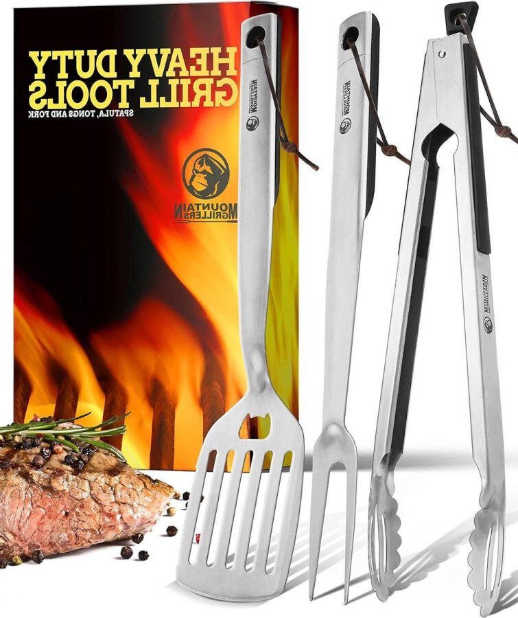 3-Pack Duurzame RVS BBQ Grill Accessoires Afsluitbare Tang Spatel met Bieropener & Vleesvork Geschenkidee voor Mannen bbq gereedschap