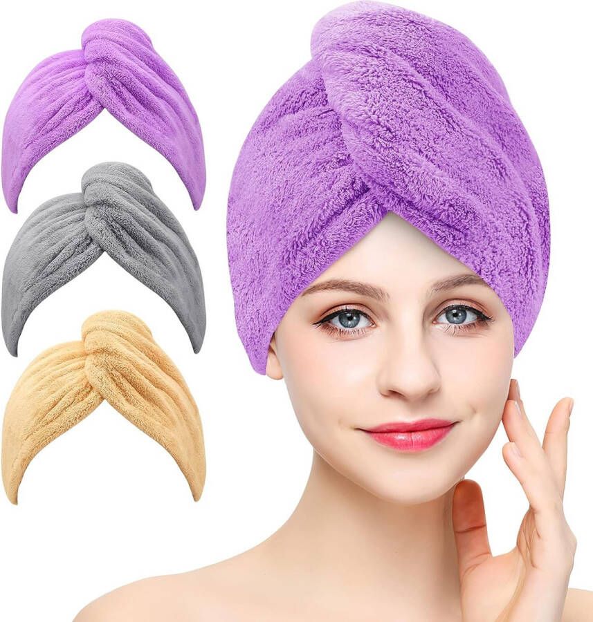 3-pack microvezel haardrooghanddoek wikkelhanddoek superabsorberende twist-tulband sneldrogende haarkappen met knopen en lus droogkap voor haar geschikt voor badkamer en kapsalon (Grijs Roze Blauw) (Grijs Khaki Purper)