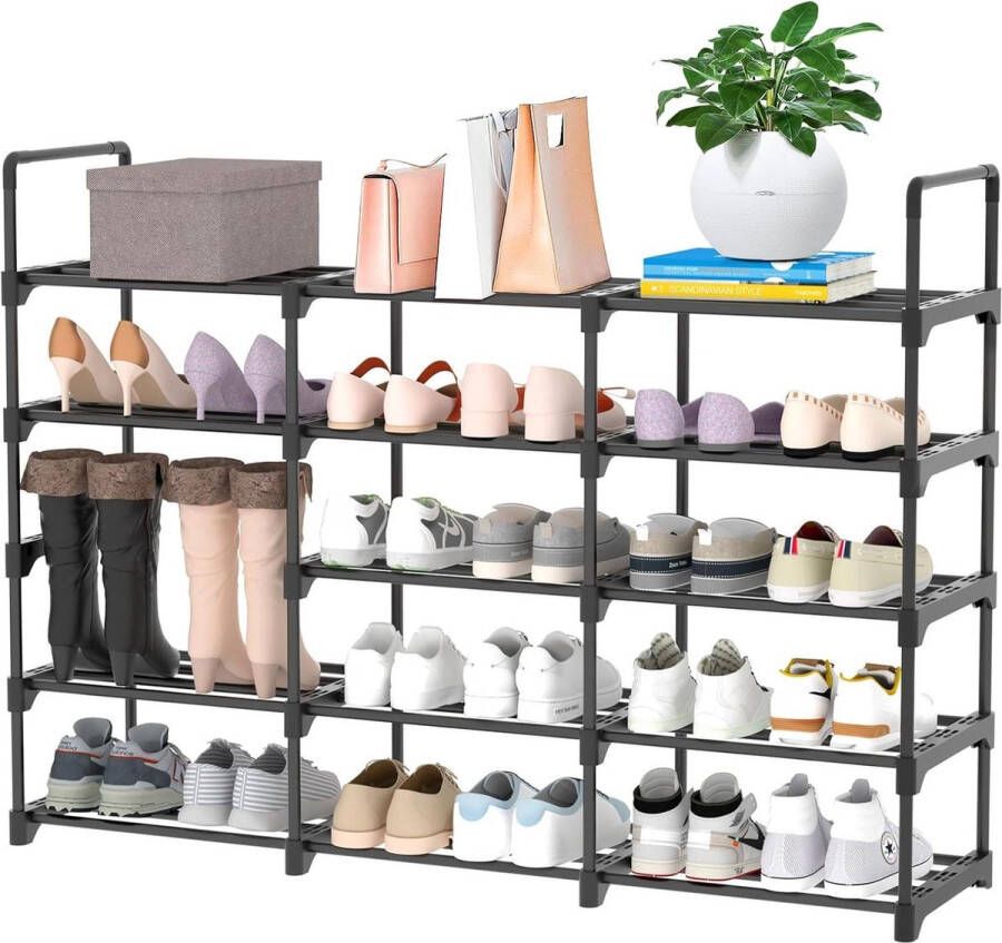 3-polig metalen schoenenrek met 5 niveaus 30 paar schoenen zwart woonkamers en gangen Schoenenrek
