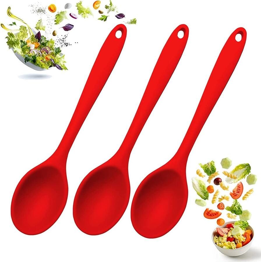 3 serveerlepels siliconen kooklepel siliconen grote siliconen opscheplepel kooklepel siliconen kooklepel anti-aanbaklaag bestand tot 120 °C kooklepel voor koken bakken roeren (rood)