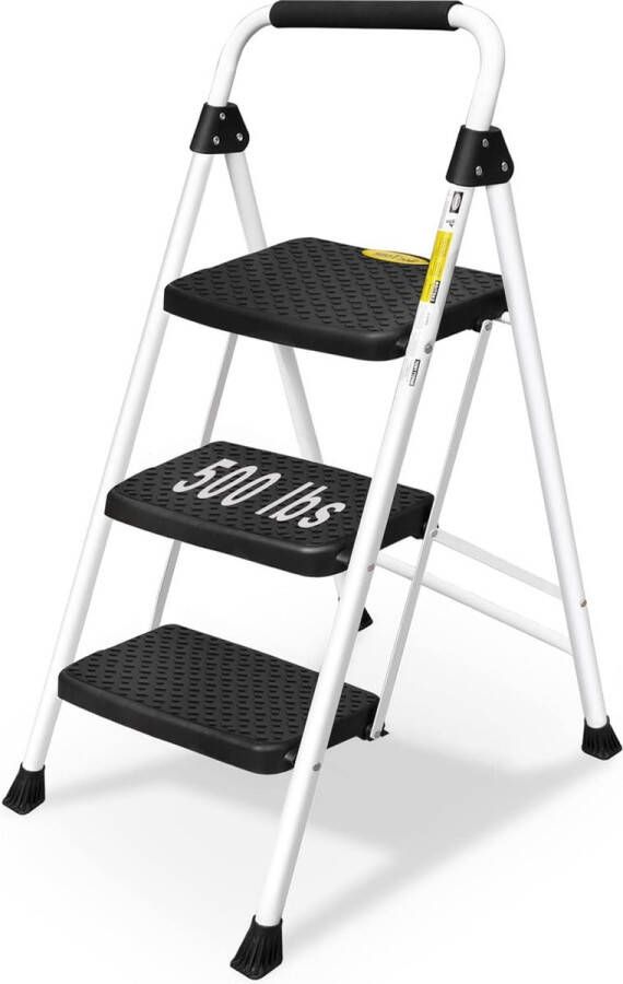 3-staps ladder inklapbare treden met brede antislip pedaal stevige praktische handgreep lichtgewicht 228 kg draagbare stalen opstapje wit
