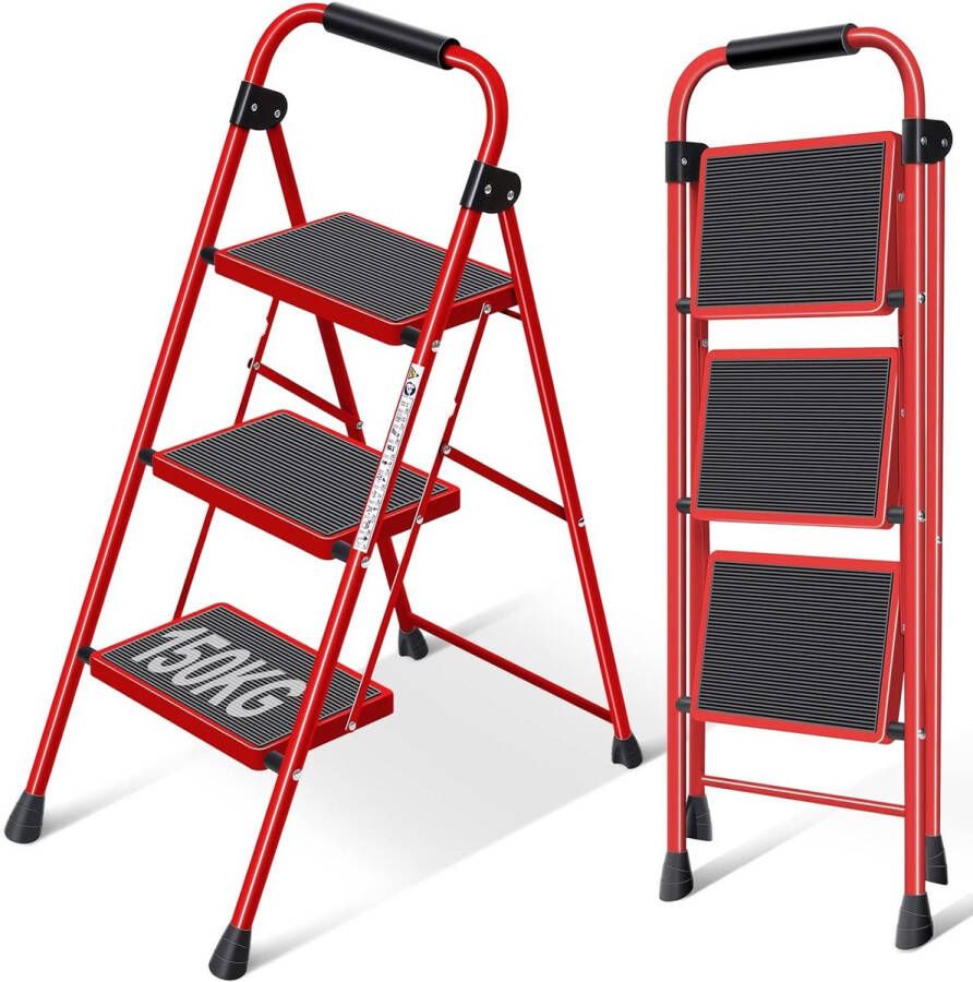3-staps ladder trapladder met leuningen trapladder inklapbare ladder opstapje inklapbaar opstapje voor volwassenen met handvat huishoudtrap antislip stabiele en brede trede rood