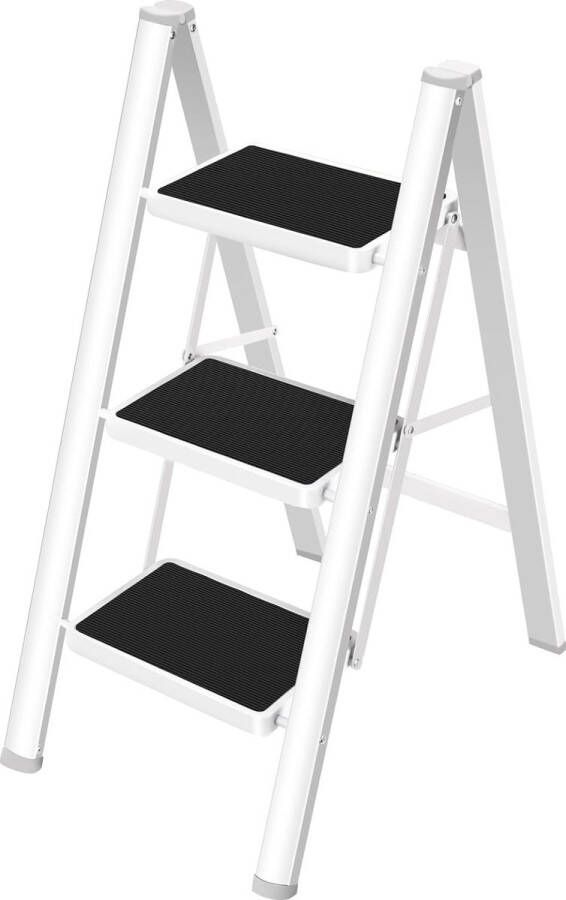 3-staps opvouwbare ladder met brede antislip pedaal opstapje met een capaciteit van 150 kg wit
