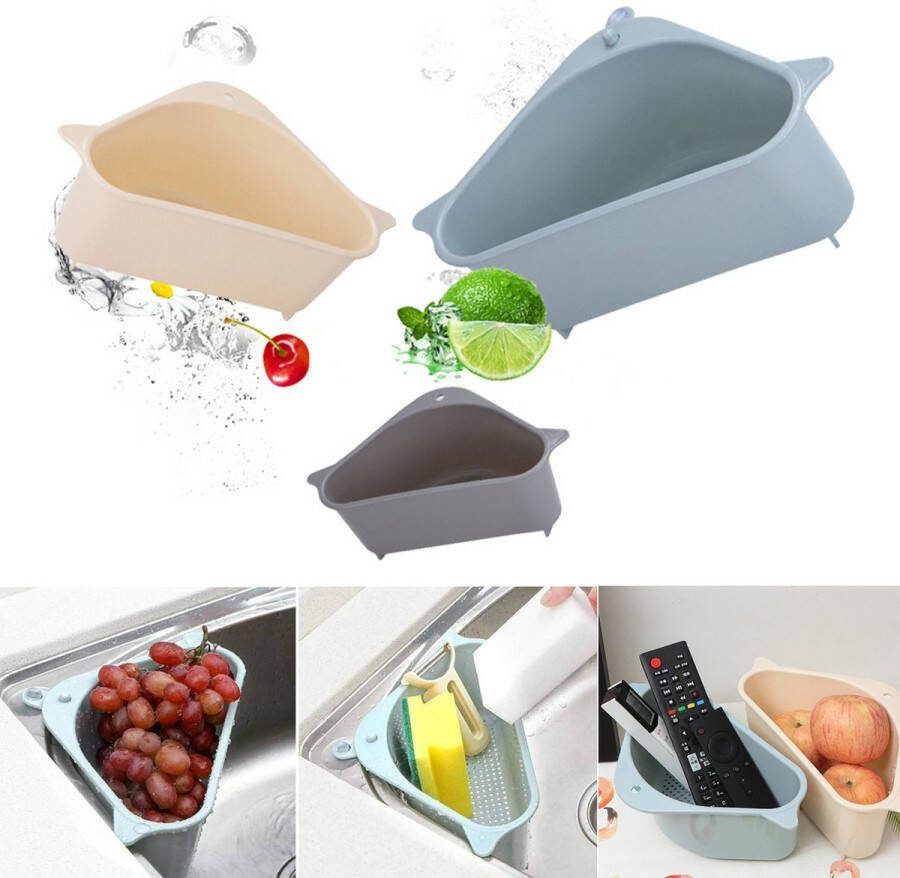 3 Stuks-Aanrecht Hoekmand Gootsteenbakje Grijs Zeef Zuignap Afvoer Mand Driehoek Opslaghouder Groente Fruit afdruip mand Spoelbak Plank Afdruipbakje