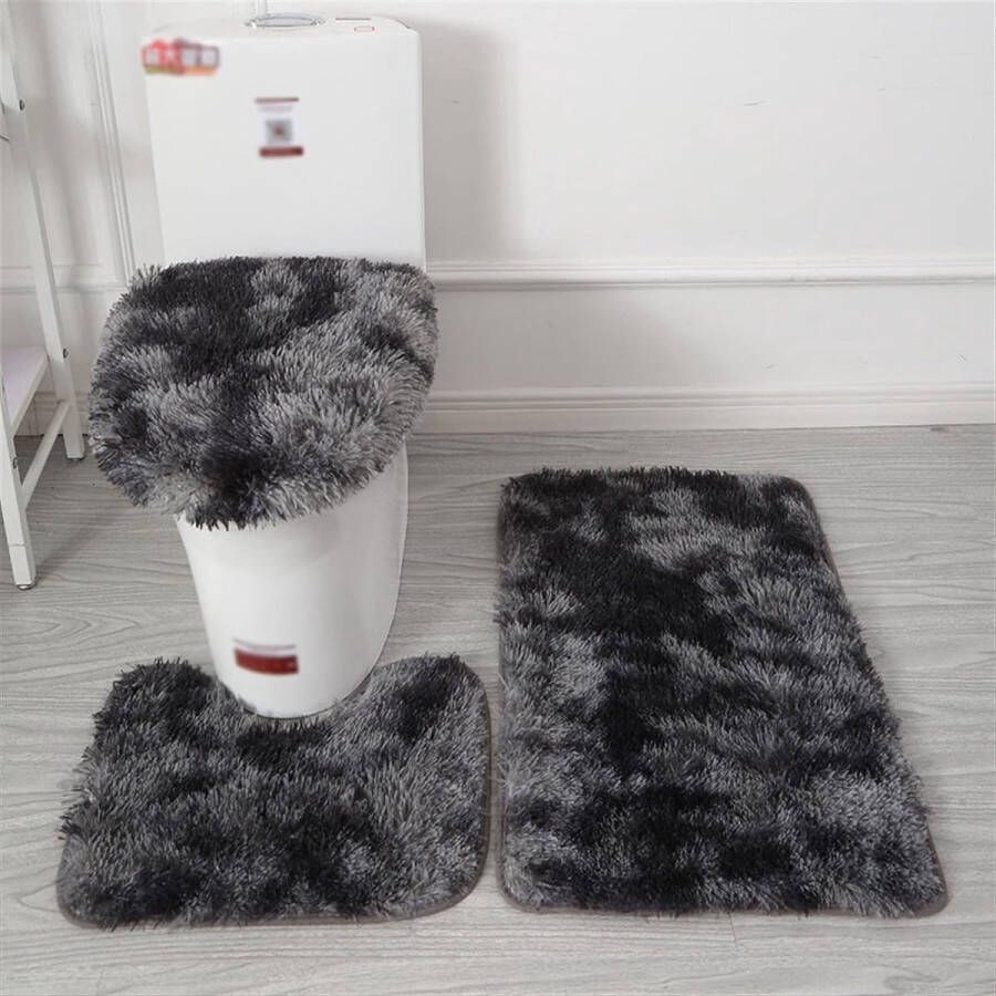 3 Stuks Antislip Shaggy Badkamer Tapijt Set U-vormige Contour Toilet Tapijt Water Absorberende Badkamer Mat Toilet Deksel Cover Tie Geverfd Zwart