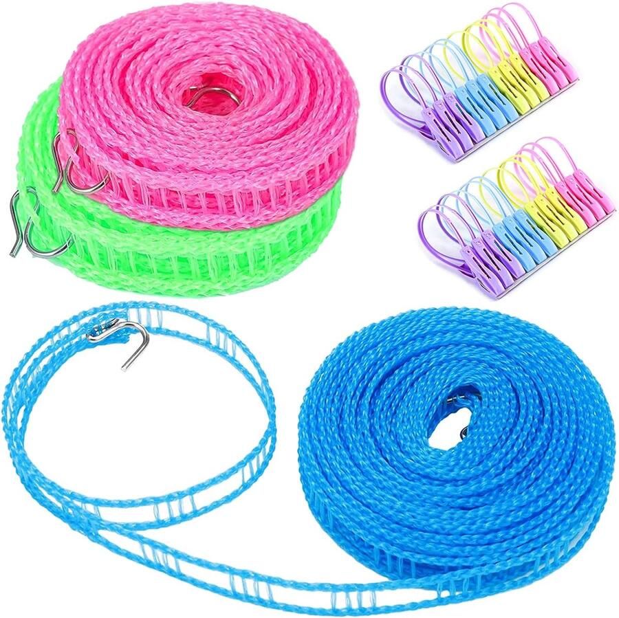 3 stuks antislip waslijn kolibrie waslijn antislip waslijn 3 m 5 m 8 m met 24 wasknijpers met haken voor tuin reizen vakantie camper of caravan groen blauw roze
