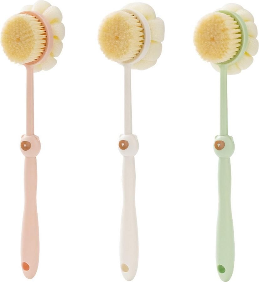 3 stuks badspons badborstel rugborstel lange steel douche borstel wit roze groen Dubbelzijdig exfoliatie 39.5*9 cm doucheborstel rugborstel huidborstel
