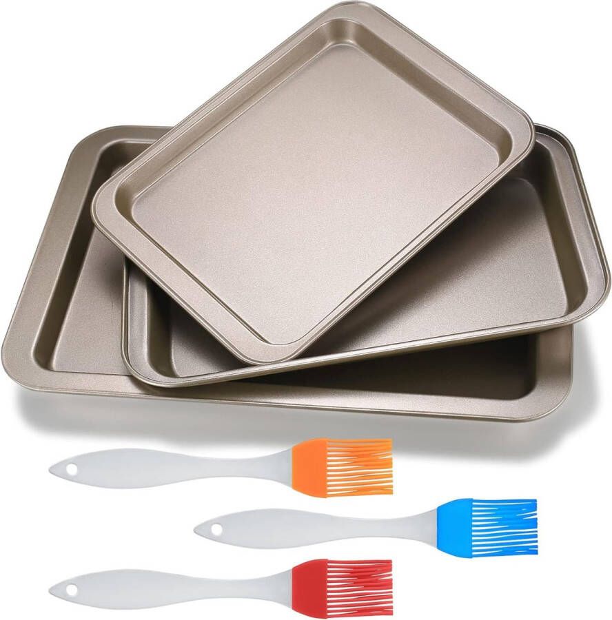 3 stuks bakplaat koolstofstaal ovenplaat taartplaat bakplaat gouden vetpan bakoven dienblad rechthoekig voor oven fornuis bakken serveren met 3 x siliconen oliekwast