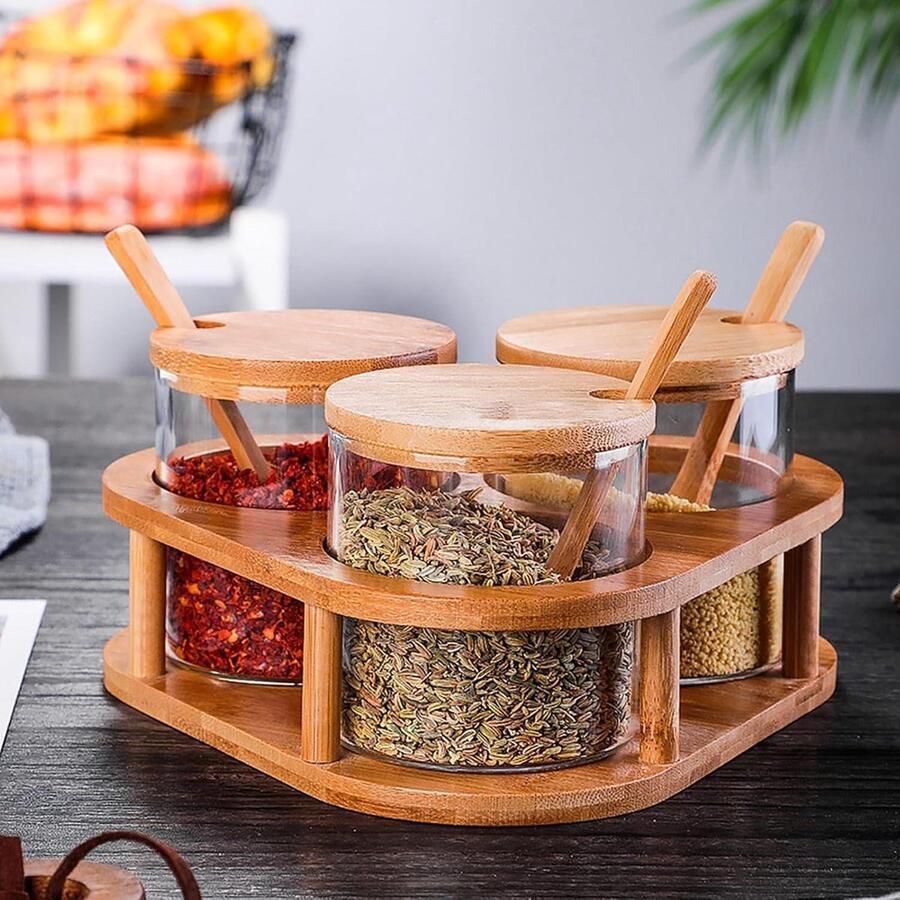 3-stuks doorzichtige kruidenpotten met deksel en lepel 280 ml 95 oz glazen kruidencontainer bamboe dienblad keuken kruiden opslag zout suiker peper