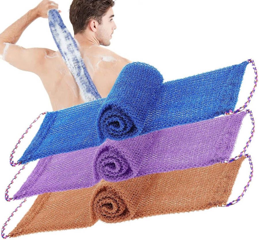 3 stuks douchesponzen met steel Afrikaans peeling-net badspons incrèmehulp voor rug zacht duurzaam nylon pakken voor dagelijks baden voor mannen en vrouwen (paars blauw koffie)