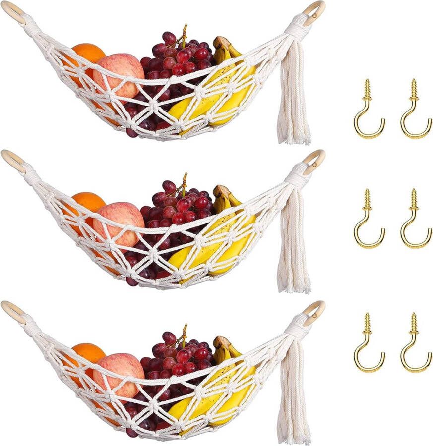3 stuks fruithangmat fruitmand hangende fruithangmat met haken groente fruithouder net fruitschaal macramé gevlochten decoratie voor keuken