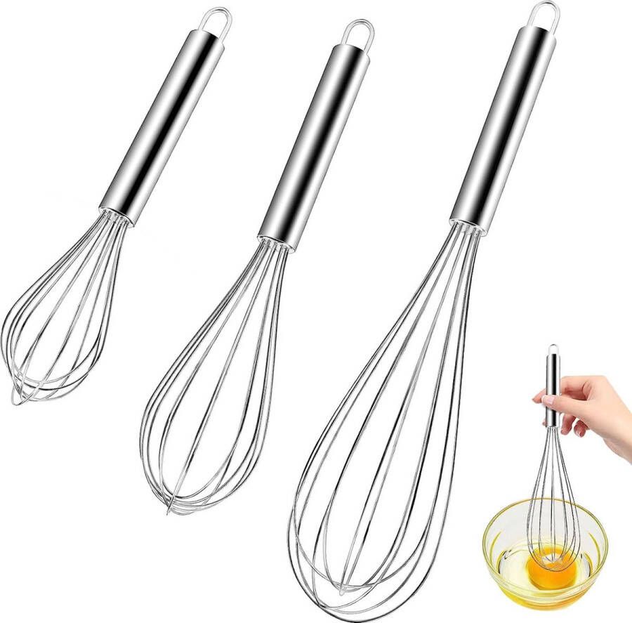 3 Stuks garde roestvrij staal Set garde grote garde kleine mini garde voor keuken voor mengen roeren deeg eieren kloppen schuimen roeren 22cm 25cm 29.5cm Zilver