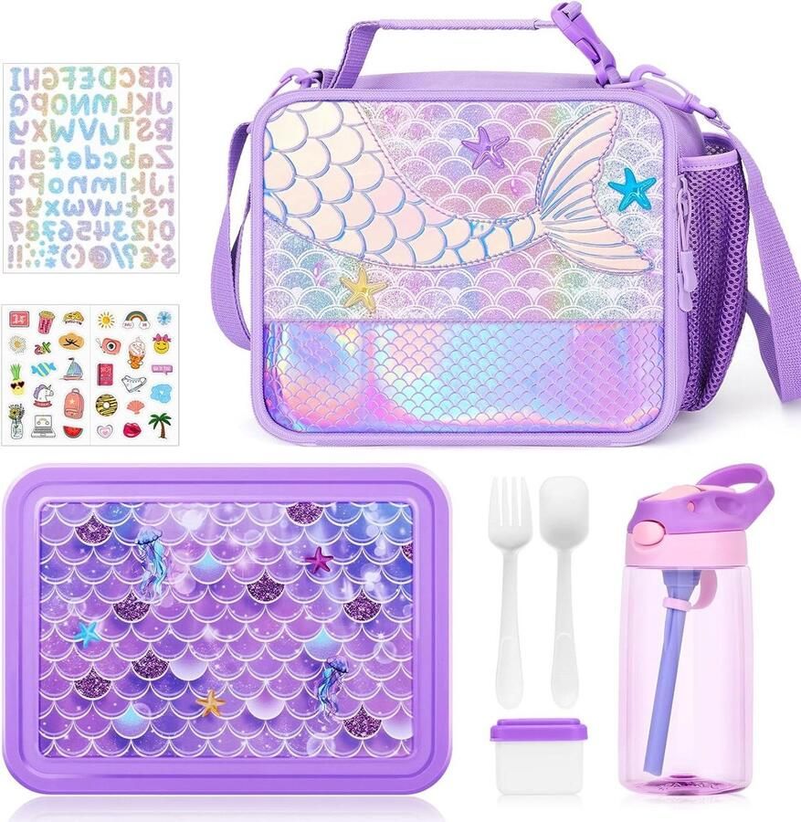 3 Stuks Geïsoleerde Kids Lunch Tas en Bento Box Set Multicompartiment Bento Lunch Box & Water Fles Lekvrije Lunch Containers voor Meisjes Peuters Pre-School Kleuterschool