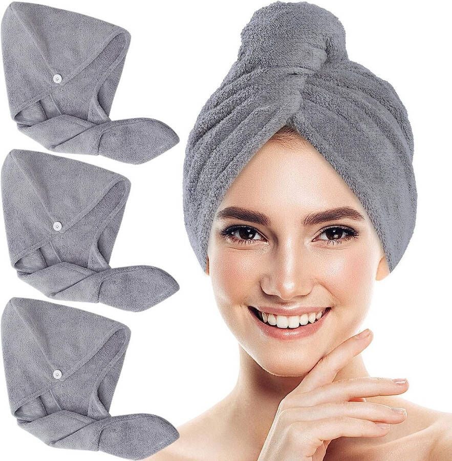 3 stuks haartulband-microvezel sneldrogend haarhanddoek hoofddoek tulbandhanddoek met knoop microvezel handdoek haar voor vrouwen alle haartypes (grijs)