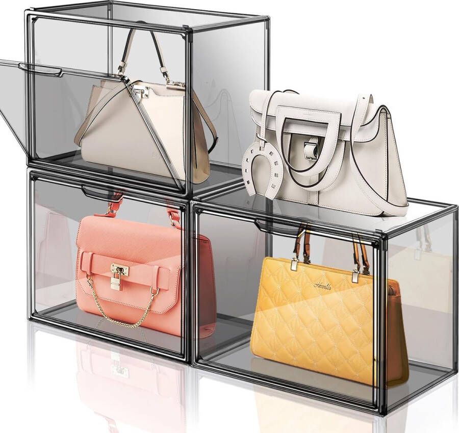 3 stuks handtassen opbergorganizer voor de kast transparante grijze acryl vitrine voor handtas portemonnee stapelbare opbergorganizer met magnetische deur