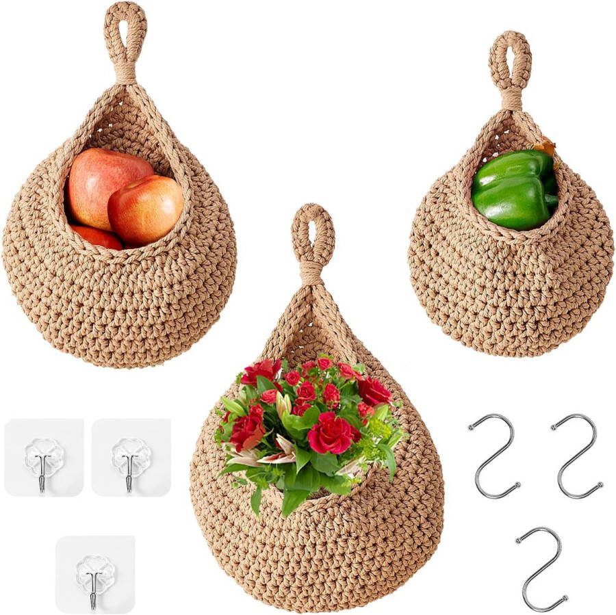 3 stuks hangende fruitmand om op te hangen handgeweven katoenen weefsel hangende fruitmand met 3 muurstickers + 3 haken hangende wandmanden voor de keuken woonkamer en slaapkamer (jute)