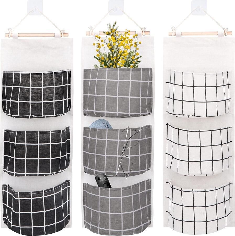 3 stuks hangtassen hangende opbergtas opvouwbare linnen stof hangende manden organizer met 3 vakken voor aan de muur deur badkamer kinderkamer hangende opbergtas hangmandjes