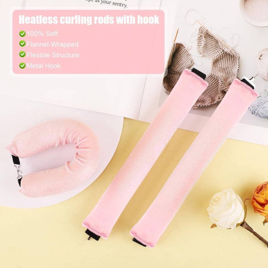 3 Stuks Hitteloze Haarkruller Zacht Flanel Haarkrulspelden met Haak Geen Warmtekruller Slaapkrultang Nachtelijke Hitteloze Krullen Haarstylingaccessoires Geen Schade aan Haar (Roze)