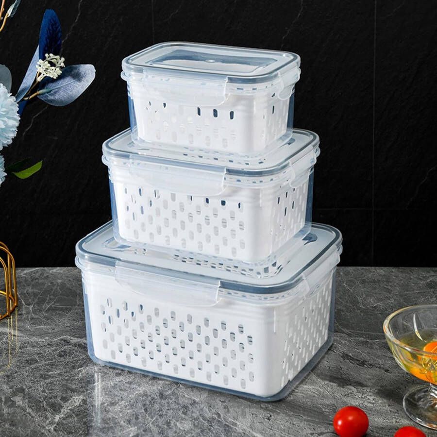 3 stuks iecontainers voedselcontainers koelkast organizermanden afdruiprek groentelade met zeven en deksels voor groenten vlees verse fruitsalade 3 stuks