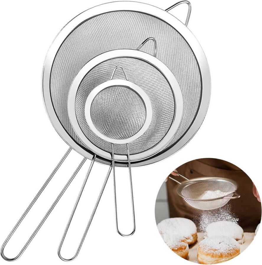 3 stuks keukenzeef set van 7 12 18 cm metalen zeef van roestvrij staal meelzeef pastazeef fijnmazig zeef keukenzeef voor keuken bakken koken drie maten