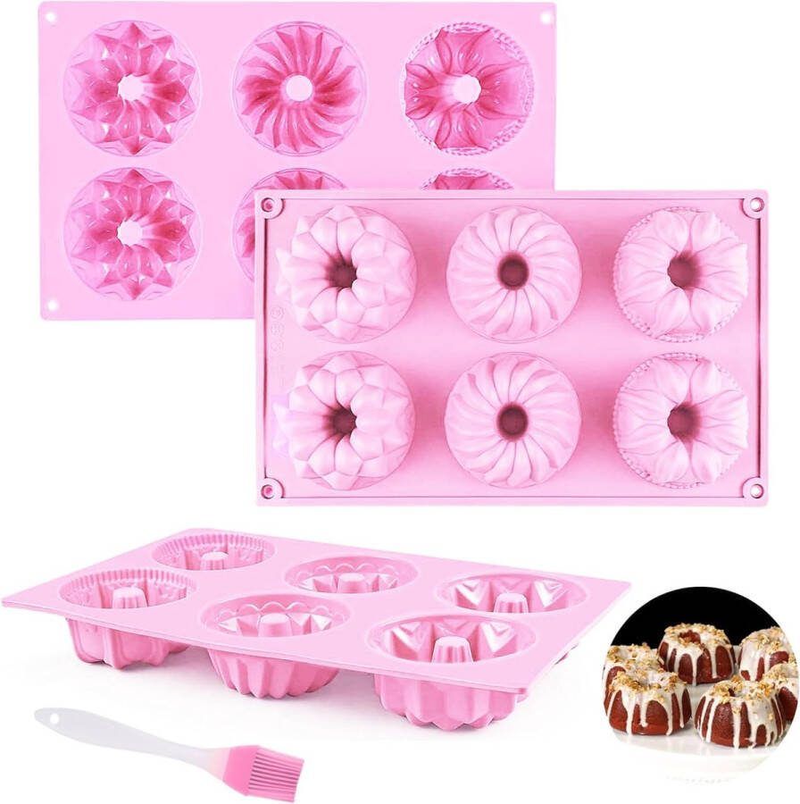 3 stuks mini-bundt-cakevormen siliconen met 1 olieborstel roze muffinvormpjes cakevorm ronde donutvorm cupcakevormen bakvorm diameter 7 cm herbruikbaar voor doe-het-zelf bakken dessert 28 x 17