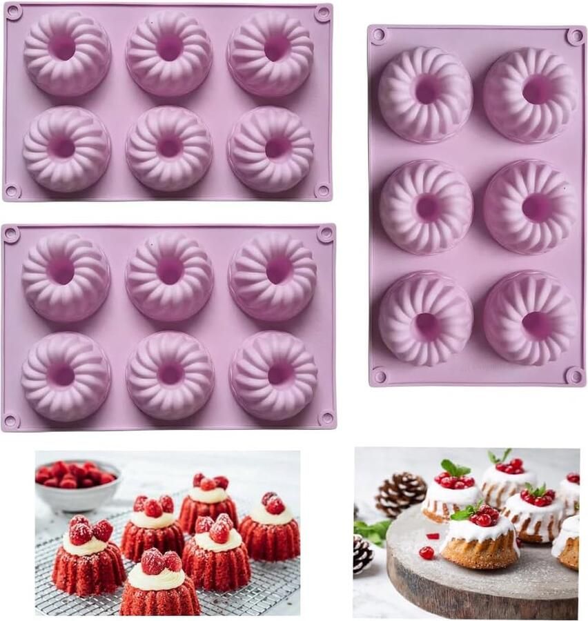 3 stuks mini tulbandvorm siliconen tulbandvorm siliconen vorm 6 capaciteit kleine tulband cakevorm bakvorm met anti-aanbaklaag cakevorm voor cake muffins brownie(lichtpaars)