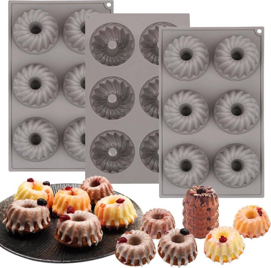 3 stuks mini-tulbandvorm van siliconen 6 putten tulbandvorm kleine levensmiddelenkwaliteit herbruikbaar mini-bakvorm tulband voor cake dessert chocolade pudding gelei grijs