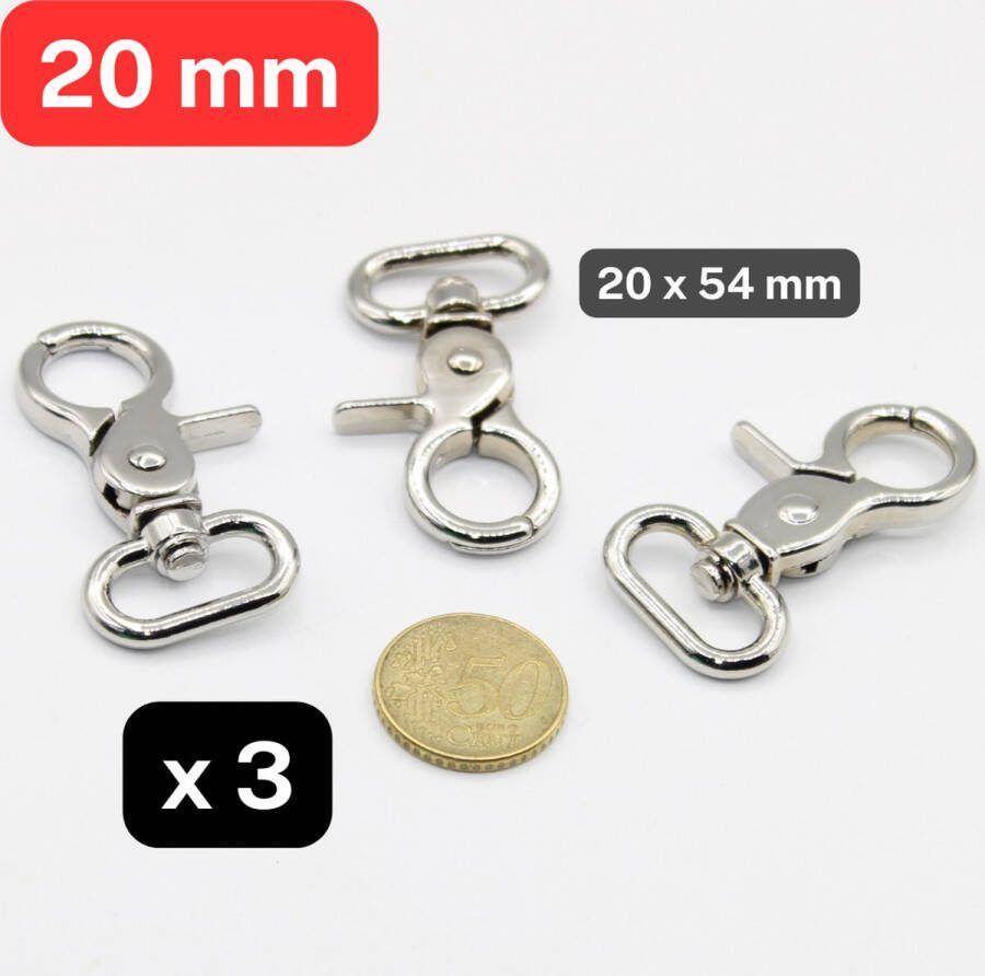 3 Stuks MUSKETONHAKEN KARABIJNHANGERS SLEUTELHANGERS Voor Linten van 20MM Voor MODE RUGZAKKEN Prima Kwaliteit Kleur ZILVER